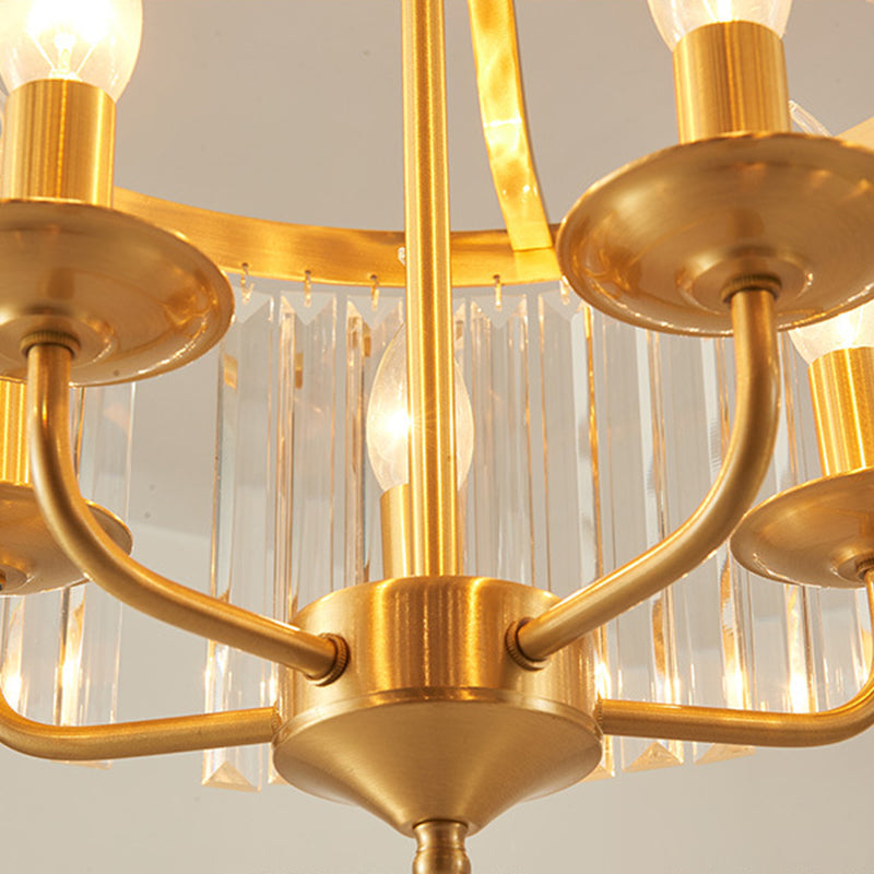Modern Crystal Cylinder Chandelier Pendant Light - 4 Heads Brass Finish Curved Metal Arm