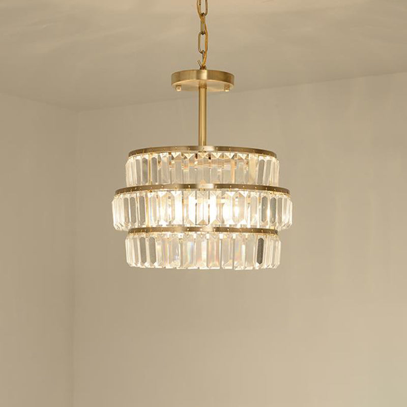 Modernist Brass Layered Ceiling Chandelier With Crystal Suspension - 3 Bulbs Pendant Light
