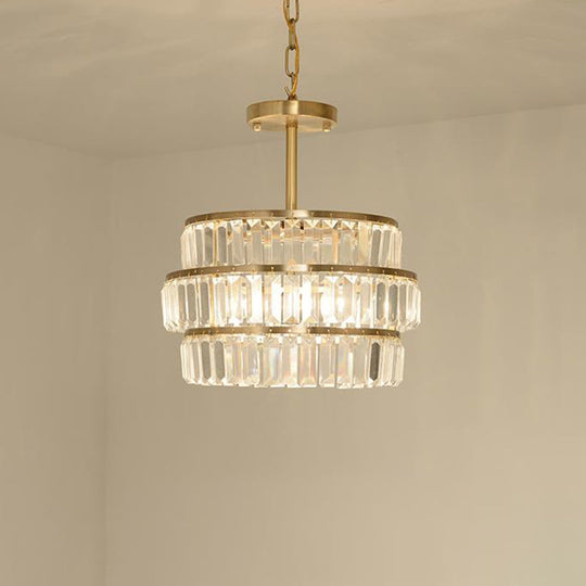Modernist Brass Layered Ceiling Chandelier With Crystal Suspension - 3 Bulbs Pendant Light