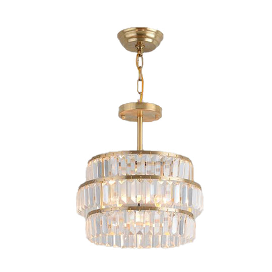 Modernist Brass Layered Ceiling Chandelier With Crystal Suspension - 3 Bulbs Pendant Light