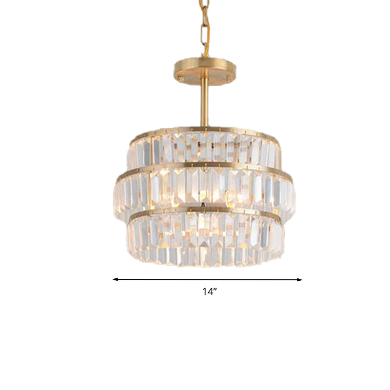 Modernist Brass Layered Ceiling Chandelier With Crystal Suspension - 3 Bulbs Pendant Light