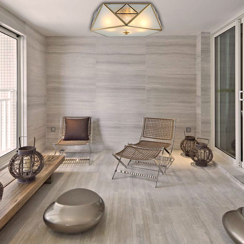 Traditional Geometric Curved Frosted Glass Panel Ceiling Flush Mount - 4/5 Lights Light In Brass For