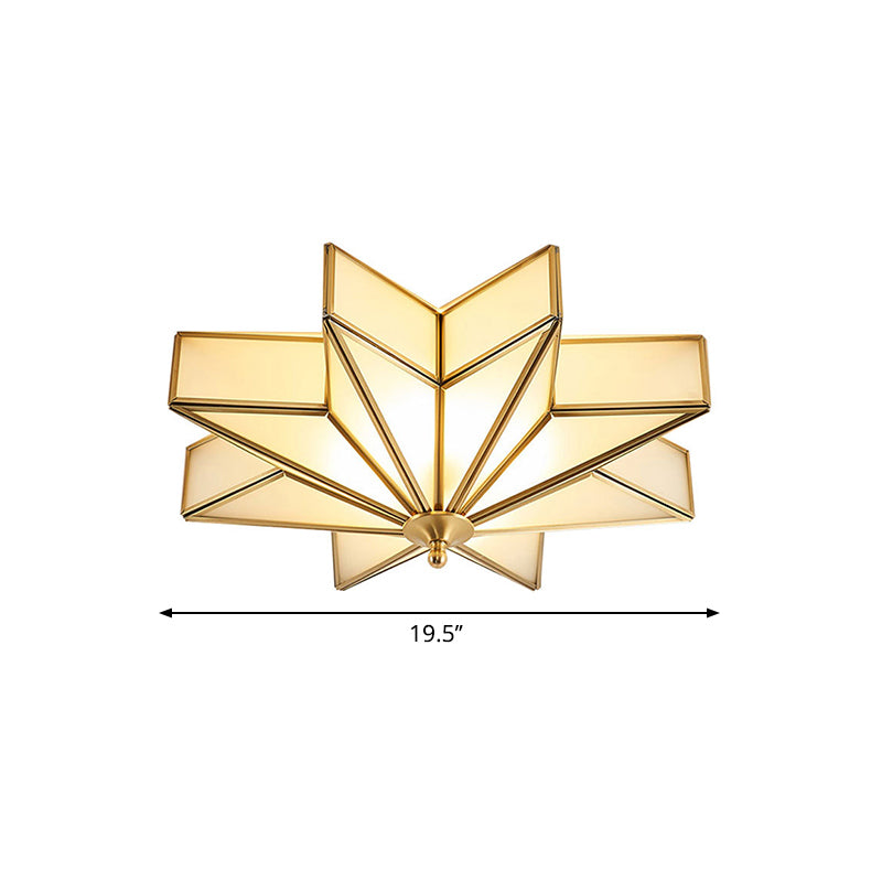 Classic Brass Star Flush Mount Fixture With Beveled Frosted Glass For Living Room Ceiling Light