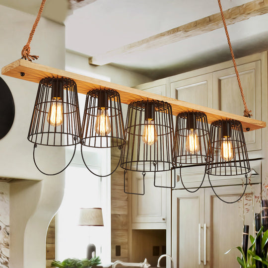 Traditional Barrel Metal Island Pendant Light With 5 Lights And Wood Accents For Dining Room