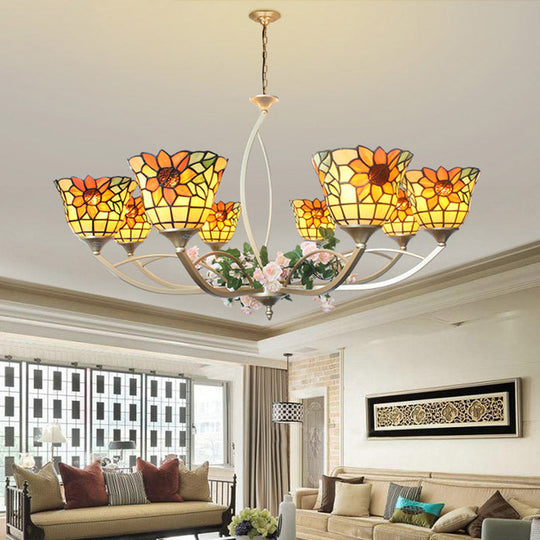 Tiffany Sunflower/Leaf Chandelier Light Fixture - 6/8 Lights White/Orange For Living Room