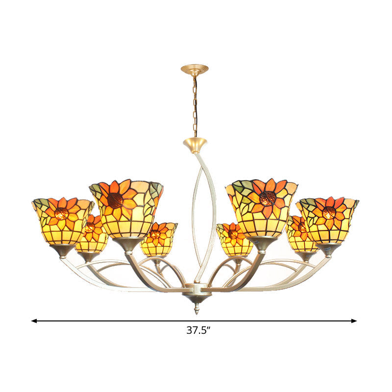 Tiffany Sunflower/Leaf Chandelier Light Fixture - 6/8 Lights White/Orange For Living Room