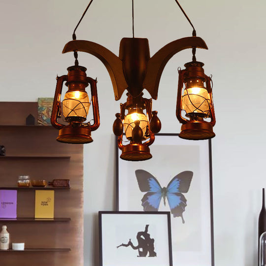 Dark Wood Industrial Kerosene Chandelier - 3-Light Clear Glass Ceiling Hanging Lamp For Living Room