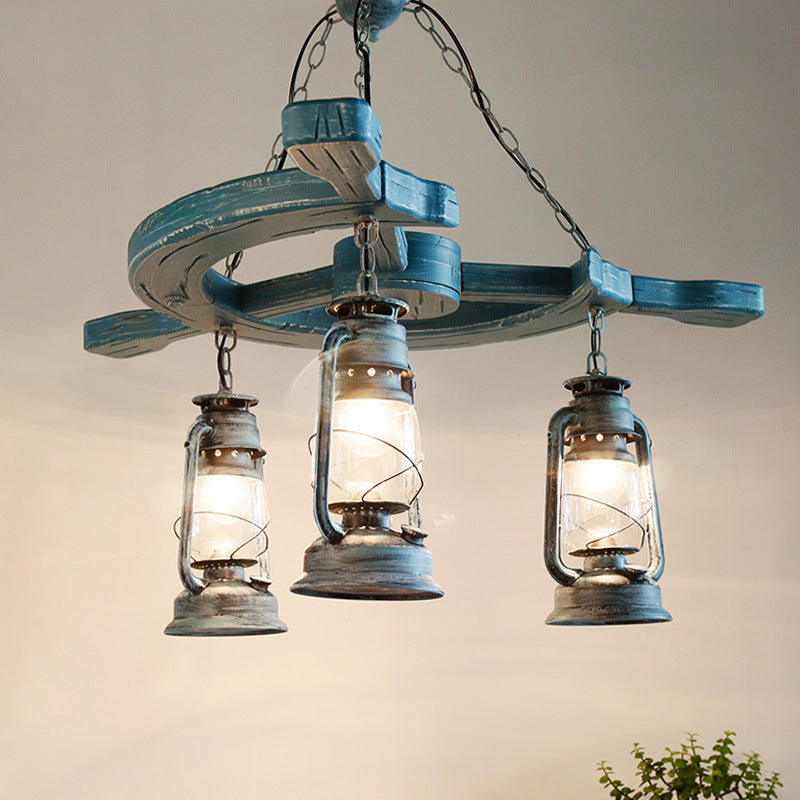 Industrial Blue Pendant Chandelier With Kerosene Clear Glass Shade - 3 Lights For Living Room