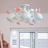 6-Light Pink Lodge Bedroom Ceiling Fixture With Flower Glass Shade Semi-Flush Mount White