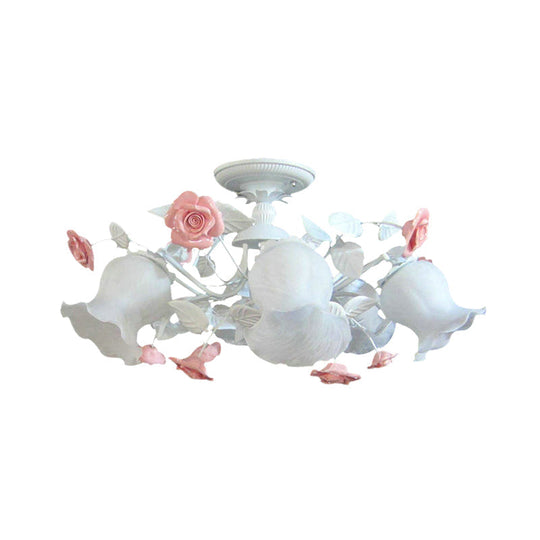 6 - Light Pink Lodge Bedroom Ceiling Fixture With Flower Glass Shade Semi - Flush Mount
