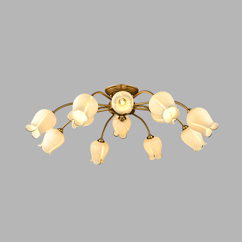 Traditional White Glass Semi - Flush Petal Ceiling Light With 12 Lights