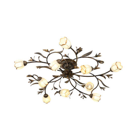 Rustic Brass Blossom Opal Glass Semi - Flush Mount Ceiling Light For Dining Room