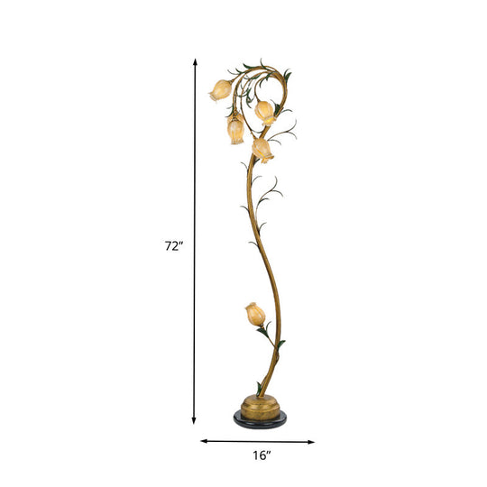 Beige Glass Tree Floor Lamp: Rural Floral Bedroom Standing Light In Brass - 6 Lights