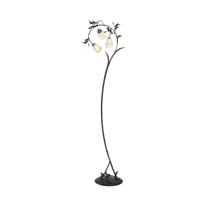 Vintage Brass Floor Lamp With Rustic Milky Glass Blossom Design - 3 Lights For Living Room