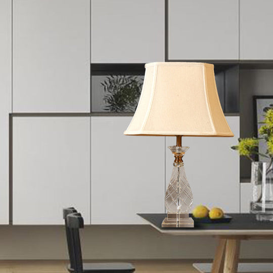 Traditional Beige Fabric Night Lamp With Crystal Base - Bedroom Nightstand Light