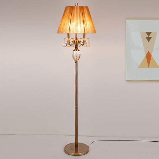 Beige Traditional Fabric Standing Floor Lamp With 3 Lights Tapered Shade And Dangling Crystal