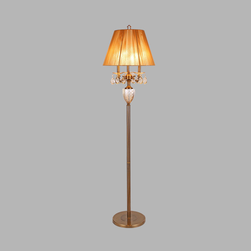 Beige Traditional Fabric Standing Floor Lamp With 3 Lights Tapered Shade And Dangling Crystal