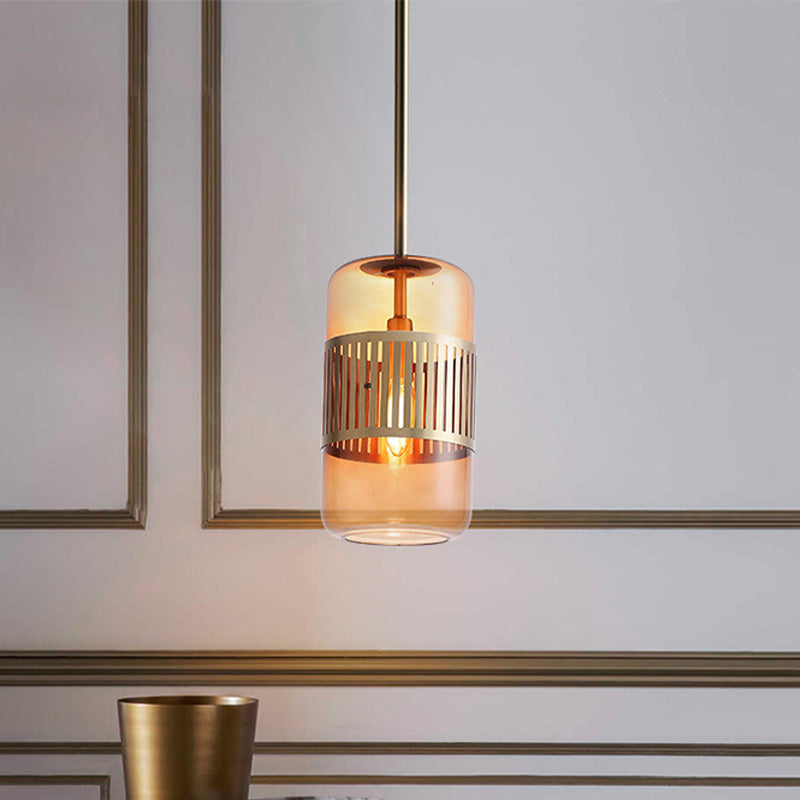 Minimalist Amber/Green Glass Kitchen Island Suspension Lamp - 1 Head Ceiling Hang Fixture Amber