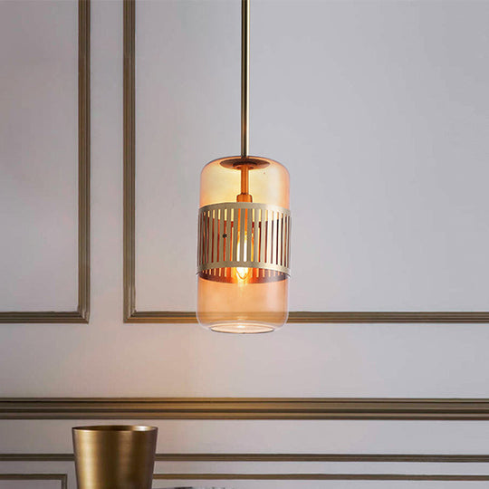Minimalist Amber/Green Glass Kitchen Island Suspension Lamp - 1 Head Ceiling Hang Fixture Amber