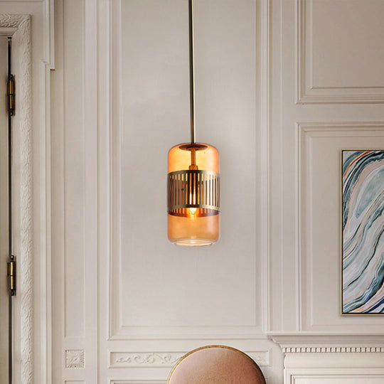 Minimalist Amber/Green Glass Kitchen Island Suspension Lamp - 1 Head Ceiling Hang Fixture