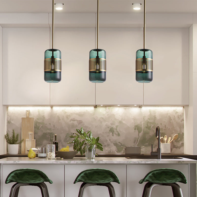 Minimalist Amber/Green Glass Kitchen Island Suspension Lamp - 1 Head Ceiling Hang Fixture