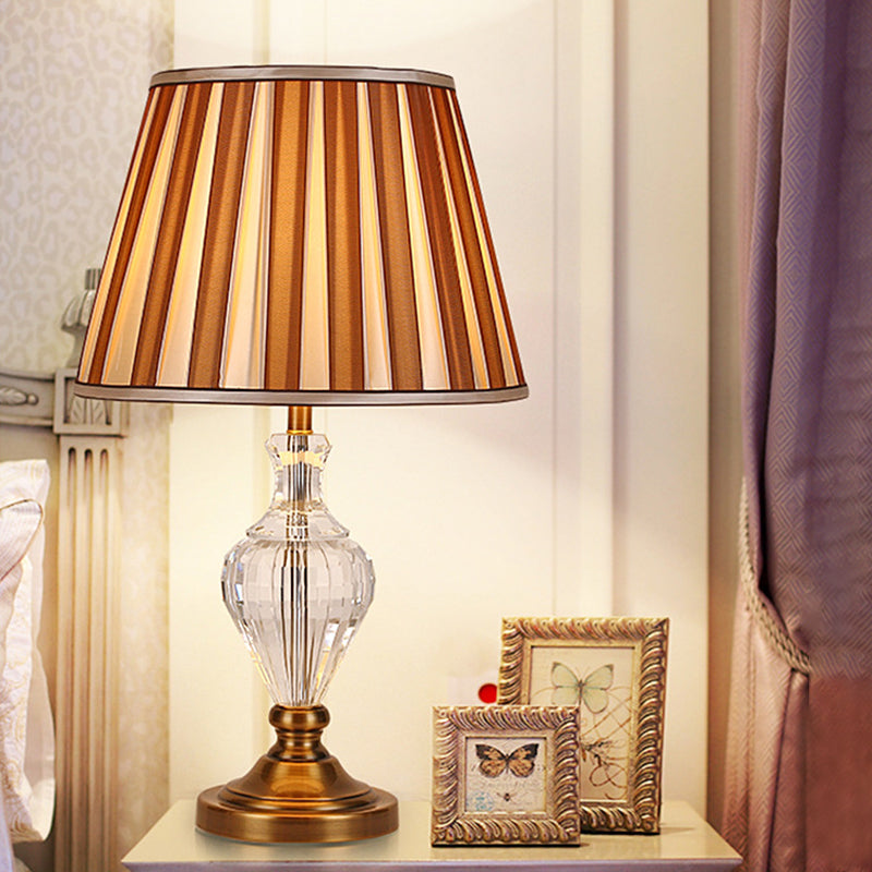 Simple Brown Crystal Nightstand Lamp With Conical Fabric Shade - Ideal For Bedroom Lighting