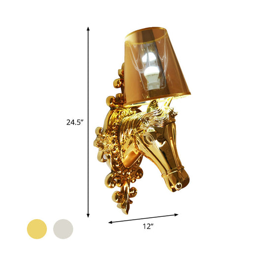 Traditional Gold/Silver Cone Sconce Light With Horse Head Backplate - One Bulb Fabric Wall Lighting