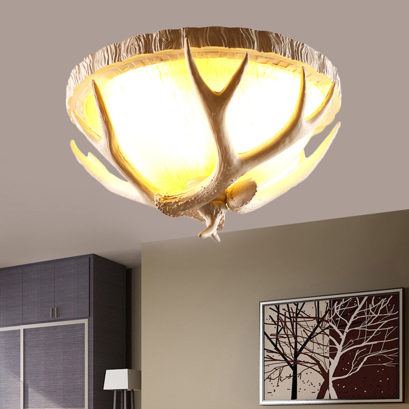 Traditional Resin 3-Light Brown Ceiling Light Fixture With Antler Deco - Dome Shaped Flush Mount For