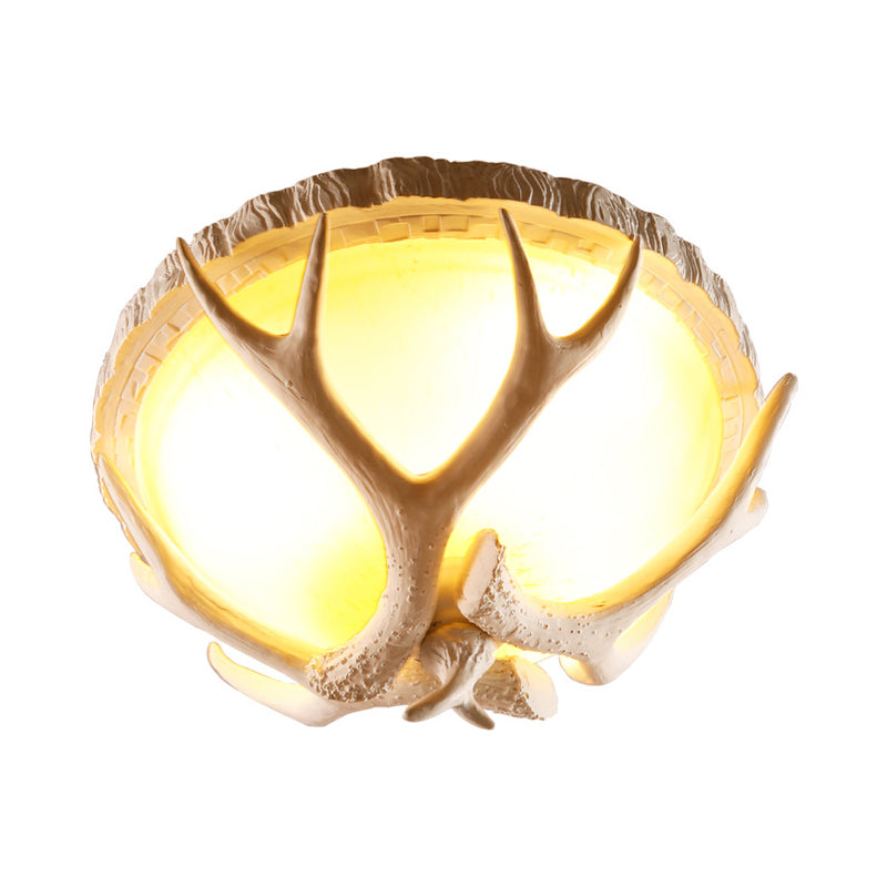 Traditional Resin 3 - Light Brown Ceiling Light Fixture With Antler Deco - Dome Shaped Flush Mount
