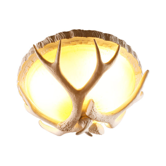 Traditional Resin 3-Light Brown Ceiling Light Fixture With Antler Deco - Dome Shaped Flush Mount For