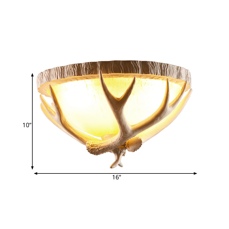 Traditional Resin 3 - Light Brown Ceiling Light Fixture With Antler Deco - Dome Shaped Flush Mount