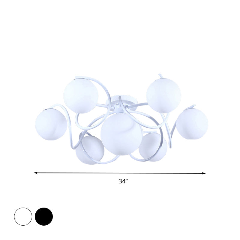 Orb Opal Glass Semi Flush Light - Traditional Black/White 4/7 Lights Living Room Ceiling Lighting