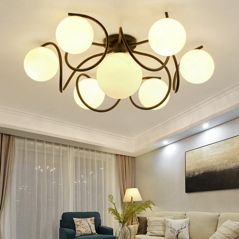 Orb Opal Glass Semi Flush Light - Traditional Black/White 4/7 Lights Living Room Ceiling Lighting