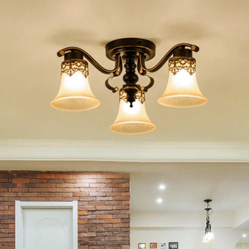Black Bell Semi Flush Mount Ceiling Light Fixture - Classic Frosted Glass 3/6/8 Lights For Living