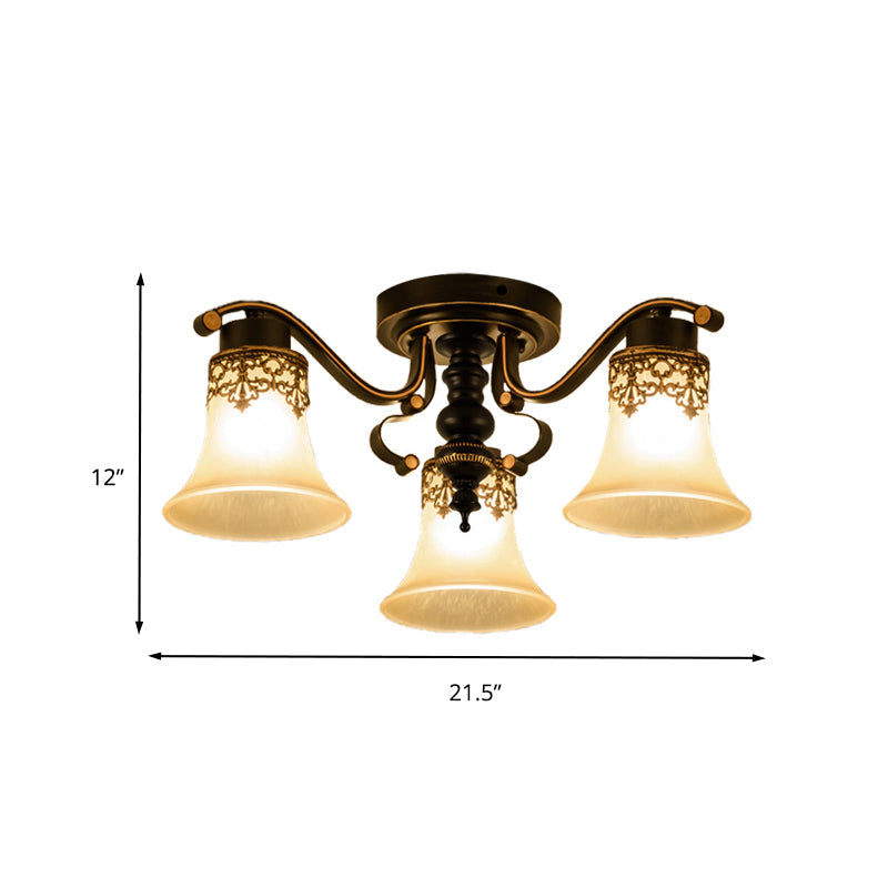 Black Bell Semi Flush Mount Ceiling Light Fixture - Classic Frosted Glass 3/6/8 Lights For Living