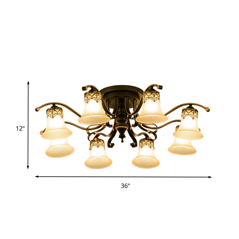 Black Bell Semi Flush Mount Ceiling Light Fixture - Classic Frosted Glass 3/6/8 Lights For Living