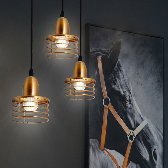 Industrial Retro Pendant Lighting: 1-Light Drum With Wire Cage Shade For Kitchen Ceiling