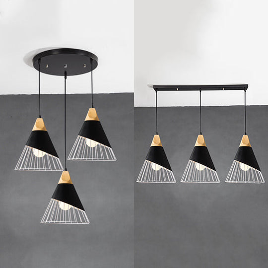 Black Tapered Cage Pendant Light Fixture - Modern Metal Design 3 Lights Indoor Hanging Linear/Round