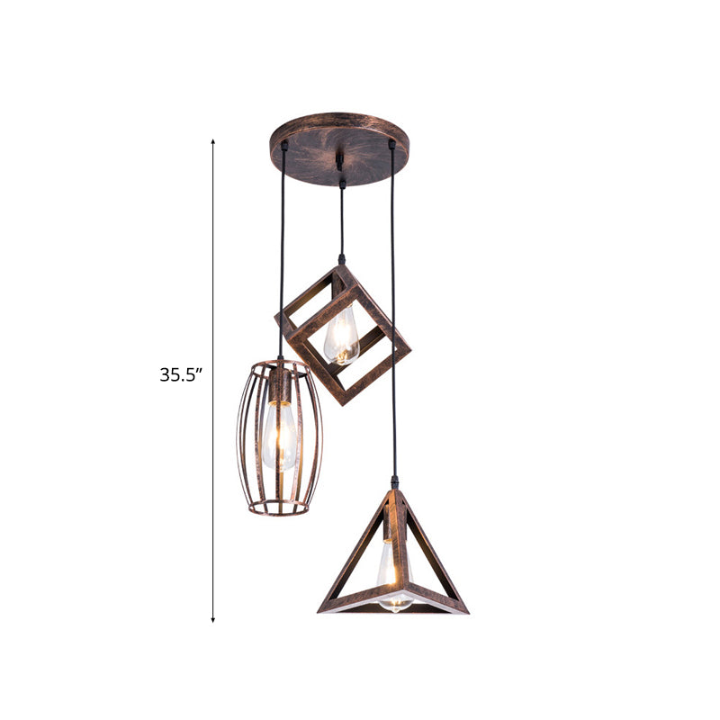 Antique Style Wrought Iron Pendant Lamp - 3-Head Caged Design For Dining Room Ceiling Rust Finish