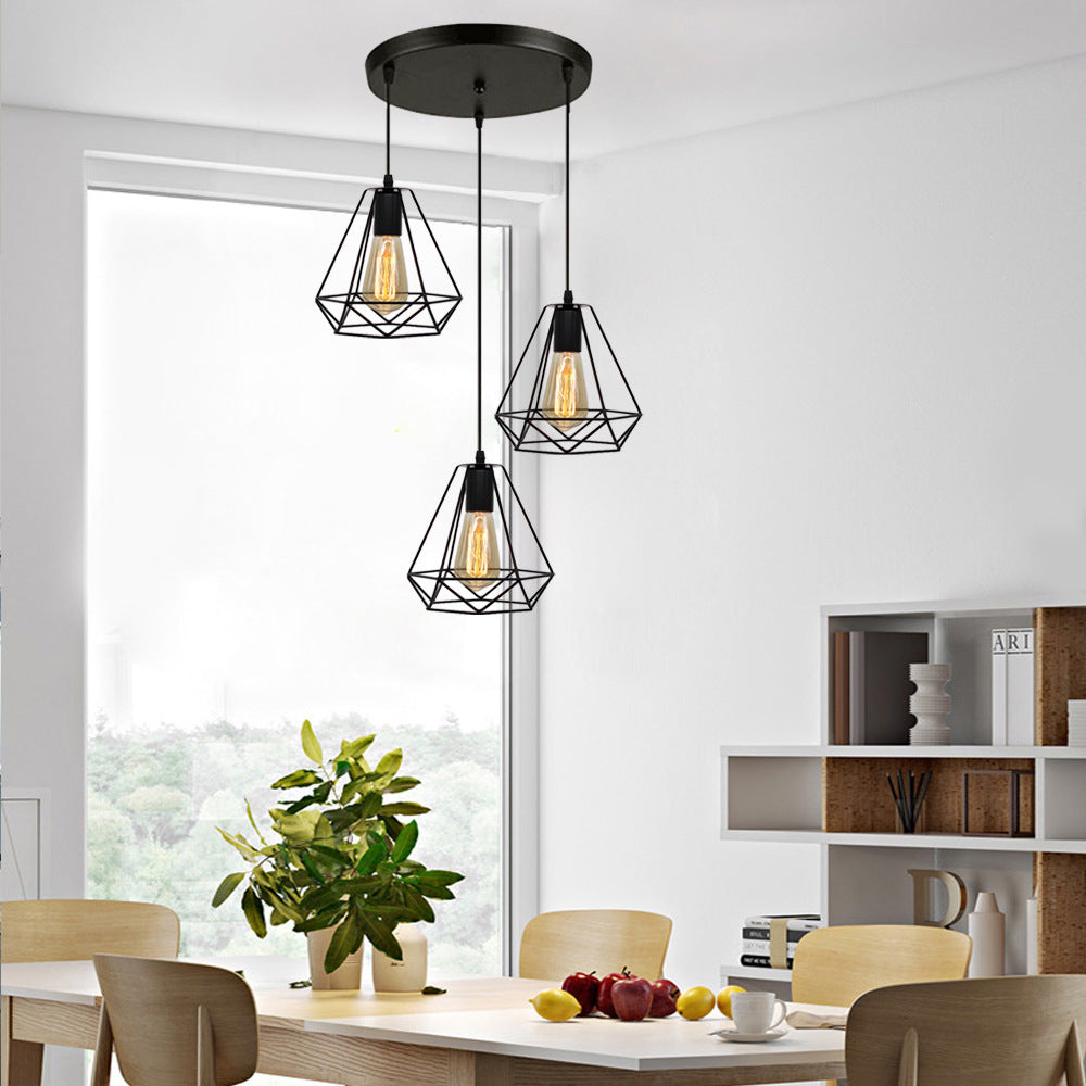 Vintage Industrial Metal Teardrop Cage Pendant Light With 3 Lights For Living Room - Black / Round
