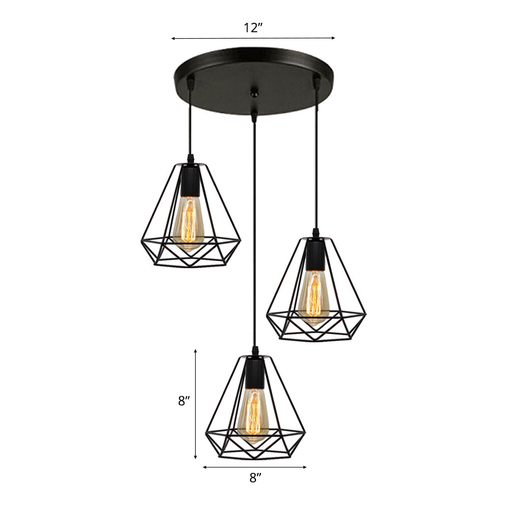 Vintage Industrial Metal Teardrop Cage Pendant Light With 3 Lights For Living Room - Black