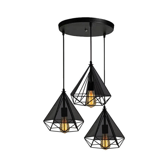 Retro-Style Black Diamond Hanging Light With 3 Metallic Heads - Dining Room Pendant Lighting
