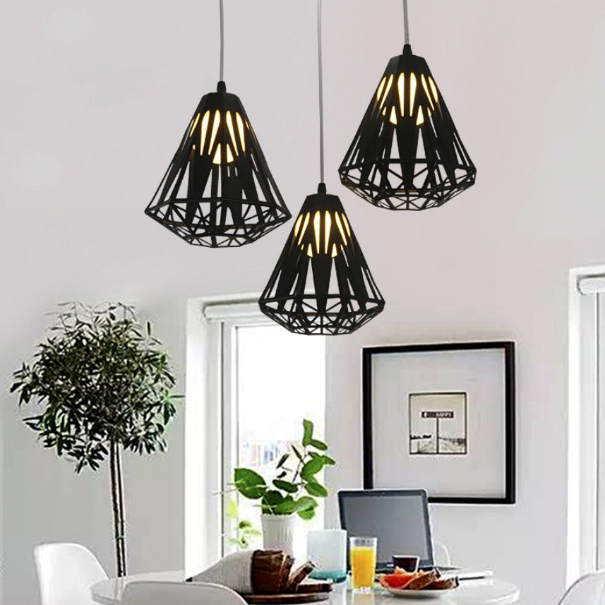 Stylish Wire Cage Suspension Light With Diamond Shade - Loft 3-Head Metal Ceiling Fixture
