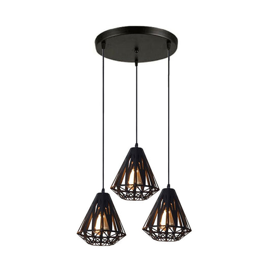 Stylish Loft Wire Cage Ceiling Light With Diamond Shade 3 Heads Black/White