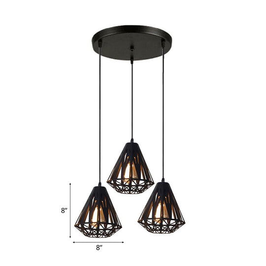 Stylish Loft Wire Cage Ceiling Light With Diamond Shade 3 Heads Black/White