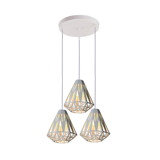 Stylish Wire Cage Suspension Light With Diamond Shade - Loft 3-Head Metal Ceiling Fixture
