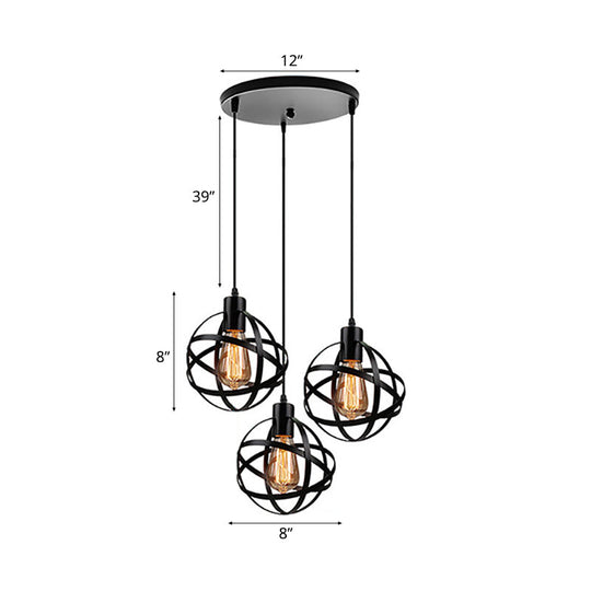 Spherical Pendant Light Fixture: Industrial Black Metal With Wire Guard - Perfect For Dining Room