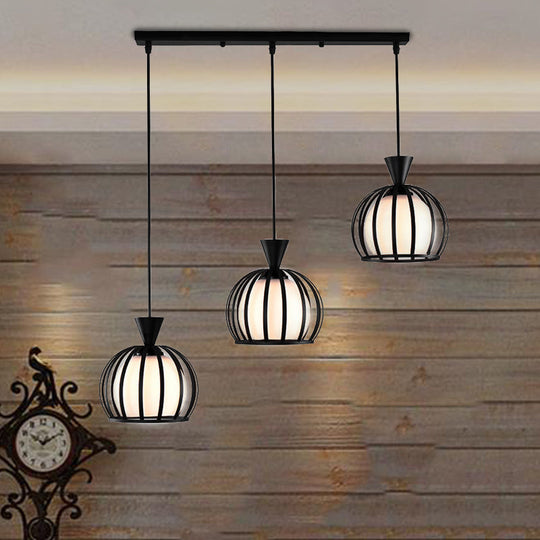 Metal Dome Cage Pendant With Milk Glass Shade - Retro Style 3-Bulb Hanging Light Indoor Black/White