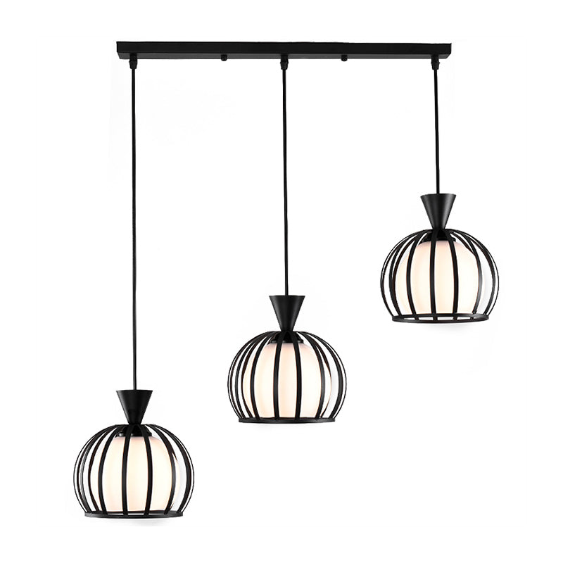 Retro Metal Dome Cage Pendant Light With Milk Glass Shade - 3 Bulb Indoor Hanging Fixture In