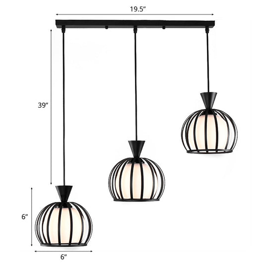 Metal Dome Cage Pendant With Milk Glass Shade - Retro Style 3-Bulb Hanging Light Indoor Black/White